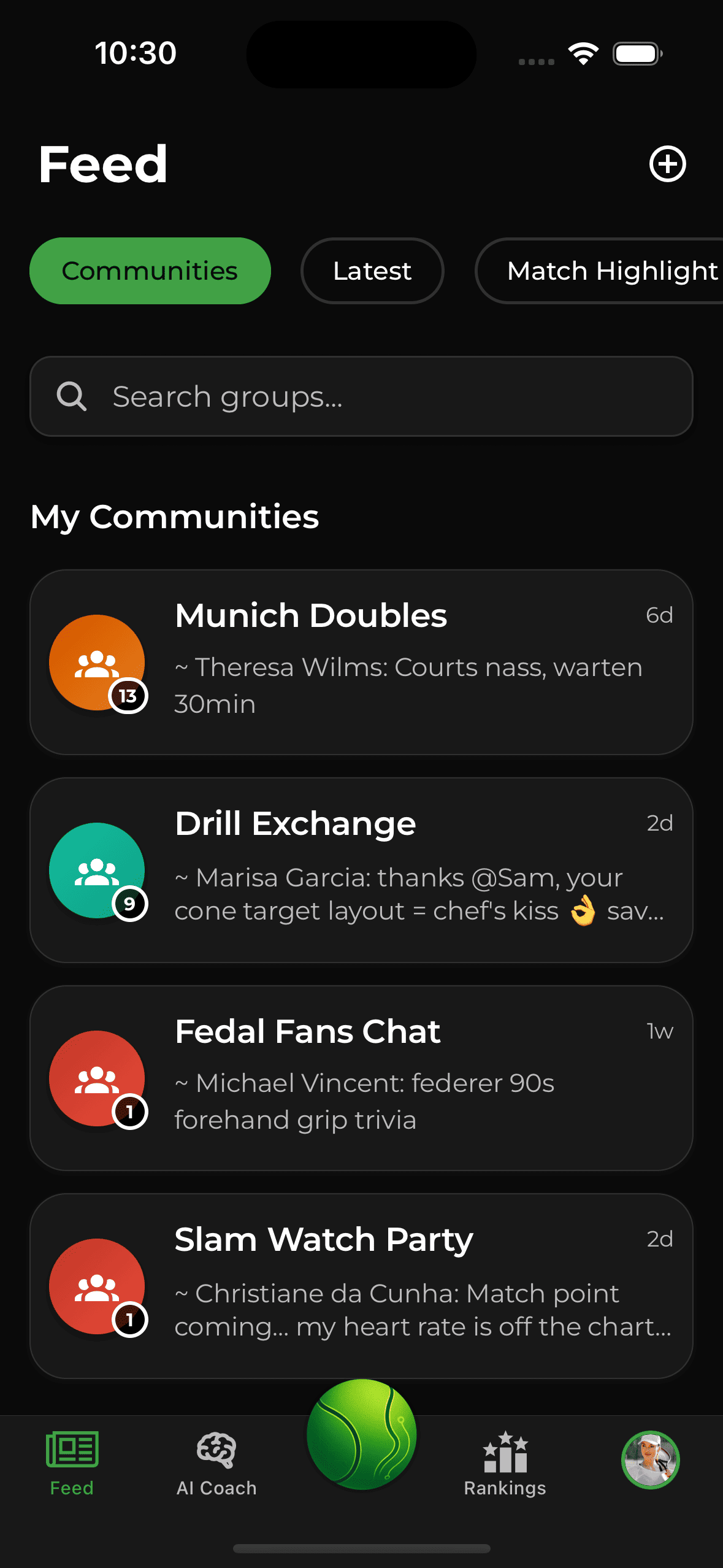 Tennis community groups and discussions