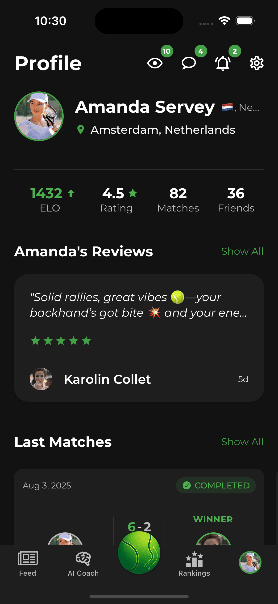 Player profile with ELO rating and match history